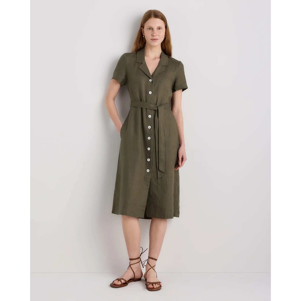 Quince European Linen Button Front Dress Bayberry Olive Green Small NWT Pocket
